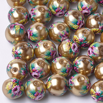 Printed & Spray Painted Imitation Pearl Glass Beads, Round with Flower Pattern, Dark Goldenrod, 10~10.5x9.5mm, Hole: 1.6mm