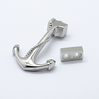 304 Stainless Steel Hook Clasps, with Slider Beads/Slide Charms, For Leather Cord Bracelets Making, Anchor, Stainless Steel Color, 43x29x8.5mm, Hole: 4.5x9.5mm