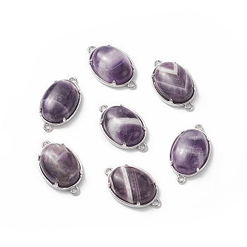Brass Natural Amethyst Links Connectors, Oval, Platinum, 15~15.5x25.5~26x6.5~7mm, Hole: 1.5~2mm
