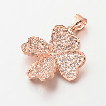 Brass Micro Pave Cubic Zirconia Pendants, Clover, Lead Free & Nickel Free, Rose Gold, 20x19x4mm, Hole: 4x3mm