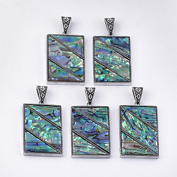 Abalone Shell/Paua Shell Big Pendants, with Resin Bottom and Alloy Findings, Rectangle, Antique Silver, 59.5~60x38x5.5mm, Hole: 15x7mm