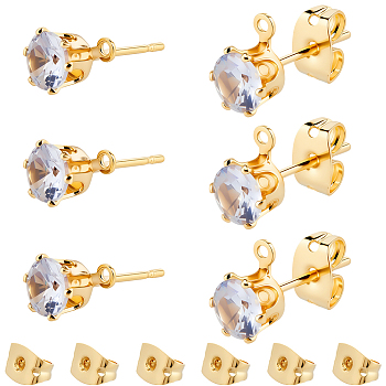40Pcs Brass Micro Pave Clear Cubic Zirconia Stud Earring Findings, with Loop, Long-Lasting Plated, Nickel Free, Real 18K Gold Plated, with 40Pcs Brass Friction Ear Nuts, Flat Round, 7x5.5mm, Hole: 0.9mm