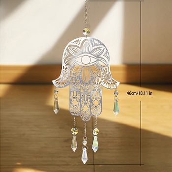 Metal Hollow Hamsa Hand with Eye Hanging Ornaments, Glass Cone Tassel Suncatchers for Garden Outdoor Decoration, Clear AB, 460x100mm