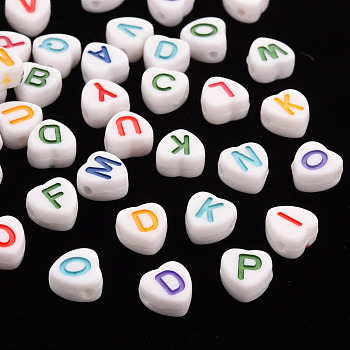 Opaque White Acrylic Beads, Horizontal Hole, Heart with Mixed Color Random Mixed Letters, 7x7x4mm, Hole: 1.5mm, about 3400~3500pcs/500g