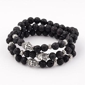 Lava Rock Beaded Stretch Bracelets, with Buddha Head Alloy Beads, Antique Silver, 57mm
