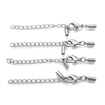 Brass Chain Extender, with Cord Ends and Lobster Claw Clasps, Platinum, Chain Extender: 40mm, Cord End: 2mm inner diameter