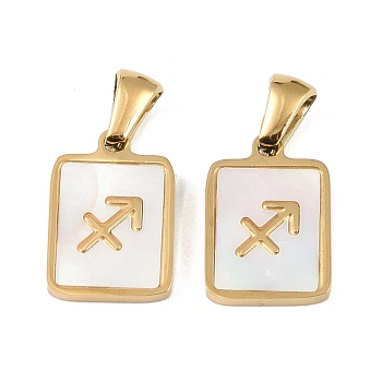 Constellations Natural White Shell Pendants, Ion Plating(IP) 304 Stainless Steel Rectangle Charms, Real 18K Gold Plated, Sagittarius, 16x10.5x1.5mm, Hole: 5x3mm