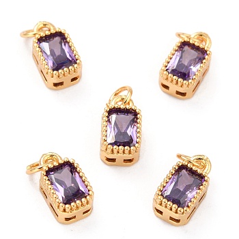 Real 18K Gold Plated Brass Inlaid Cubic Zirconia Charms, with Jump Ring, Long-Lasting Plated, Rectangle, Purple, 9.5x5x3.5mm, Jump Ring: 4x0.5mm, 2.5mm Inner Diameter