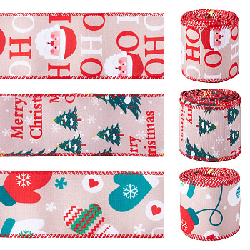 3 Rolls 3 Styles Christmas Themes Polyester Ribbons, for Gift Decoration, Mixed Shapes, 2-3/8 inch(61mm), about 5.00 Yards(4.57m)/roll, 1 roll/style