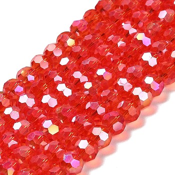 Transparent Glass Beads, 32 Facets, AB Color Plated, Round, Red, 6x5.5mm, Hole: 1.2mm, about 91~93pcs/strand, 19.57''~19.92''(49.7~50.6cm)