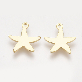 Brass Charms, Starfish/Sea Stars, Nickel Free, Real 18K Gold Plated, 13x12x0.8mm, Hole: 1mm