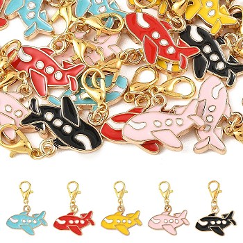 25Pcs 5 Colors Alloy Enamel Airplane Pendant Decorations, with Lobster Claw Clasps, Golden, Mixed Color, 29mm, 5pcs/color