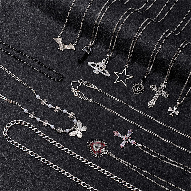 13Pcs 13 Style Cross & Skull & Heart & Butterfly Rhinestone Pendant Necklaces Set(NJEW-AN0001-39)-7