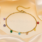 304 Stainless Steel with Flat Round Rhinestone Tassel Anklets, Golden, Colorful, 8-1/4 inch(210mm)(FS-WG612B1-02)