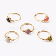 Natural & Synthetic Gemstone Finger Rings, with Golden Copper Wire and Cardboard  Box, Flat Round, Inner Diameter: 17.1~18.1mm(RJEW-JR00347)