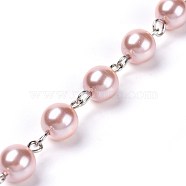 Handmade Dyed Glass Pearl Beaded Chains, Unwelded, with Iron Eye Pin, Platinum, Pink, 39.37 inch, 1m/strand(AJEW-JB00487-04)
