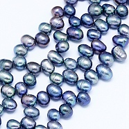 Natural Cultured Freshwater Pearl Beads Strands, Potato, Royal Blue, 7~11x7~8mm, Hole: 0.8mm, about 59pcs/strand, 14.7 inch(36cm)(PEAR-G004-03B-01A)