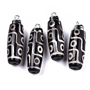 Tibetan Style 9-EyedZi Pendants, Natural Agate Rice Pendants, with Platinum Brass Findings and Iron Loop, Dyed, Barrel, Black, 44.5~46x14~15mm, Hole: 2mm(G-T131-92A)