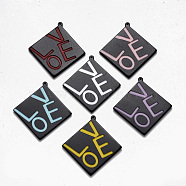 Spray Painted Cellulose Acetate(Resin) Pendants, Rhombus with Word Love, Mixed Color, 43x41x2.5mm, Hole: 1.4mm, Diagonal Length: 43mm, Side Length: 29.5mm(KY-R018-02)