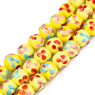 Handmade Lampwork Beads Strands, Inner Flower, Round, Yellow, 12~13x10.5~12mm, Hole: 1.2mm, about 45pcs/Strand, 19.29 inch~19.69 inch(LAMP-T007-03I)