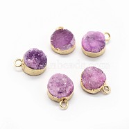 Natural Druzy Quartz Charms, with Brass Findings, Flat Round, Golden, Plum, 10~11x7~8x3~9mm, Hole: 2mm(G-P396-07G-01)