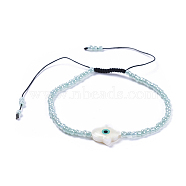 Adjustable Nylon Thread Braided Beads Bracelets, with Glass Seed Beads and Freshwater Shell Beads, Hamsa Hand/Hand of Fatima/Hand of Miriam with Evil Eye, Aqua, 2-1/8 inch(5.5cm)(BJEW-JB04370-02)