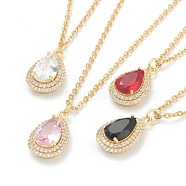 Brass Micro Pave Cubic Zirconia Pendant Necklaces, with Rhinestone and 304 Stainless Steel Cable Chains, Teardrop, Golden, Mixed Color, 17.52 inch(44.5cm)(NJEW-F281-06)