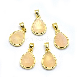 Natural Rose Quartz Pendants, with Golden Tone Brass Findings, teardrop, Faceted, 14.5x9.5x5mm, Hole: 2.5x3.5mm(G-O176J-09G)