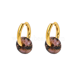 French Vintage Natural Rose Stone Hoop Earrings, Elegant Stainless Steel Jewelry, Golden, Brown, 29x3.9mm(AC0177-2)