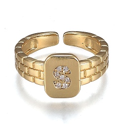 Brass Micro Pave Clear Cubic Zirconia Cuff Rings, Open Rings, Cadmium Free & Lead Free, Rectangle, Golden, Letter.S, US Size 6 1/4, Inner Diameter: 16.8mm(RJEW-H538-02G-S)