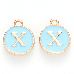 Golden Plated Alloy Enamel Charms, Cadmium Free & Lead Free, Enamelled Sequins, Flat Round, Sky Blue, Letter.X, 14x12x2mm, Hole: 1.5mm(ENAM-S118-04X)