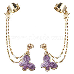 Light Gold 304 Stainless Steel Cuff Earring Chains, Star & Butterfly Alloy Enamel Dangle Stud Earrings Crawler Earrings, Purple, 77mm(EJEW-JE05685-02)