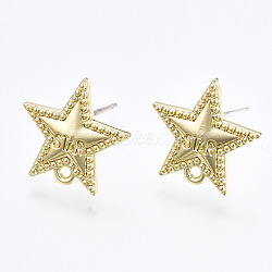 Alloy Stud Earring Findings, with Loop and Steel Pin, Star with Plastic Protective Cover, Light Gold, 13x14mm, Hole: 1mm, Pin: 0.7mm(PALLOY-T064-74LG-RS)