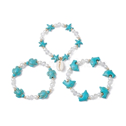 3Pcs Synthetic Turquoise & Natural Cowrie Shell Charm Bracelet Sets, Glass Bead Bracelets for Women, Dolphin & Turtle & Starfish, Turquoise, Inner Diameter: 2-1/8 inch(5.3cm)(BJEW-JB09868)