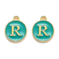 Golden Plated Alloy Enamel Charms, Enamelled Sequins, Flat Round with Alphabet, Letter.R, Green, 14x12x2mm, Hole: 1.5mm(ENAM-Q437-15R)