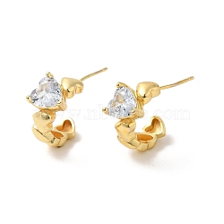 Rack Plating Brass Micro Pave Cubic Zirconia Stud Earrings, Long-Lasting Plated C Shapes with Heart Earring for Women, Cadmium Free & Lead Free, Real 18K Gold Plated, 15.5x20.5x7.5mm, Pin: 0.6mm(EJEW-F297-10G)