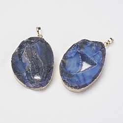 Natural & Dyed Druzy Agate Pendants, with Golden Plated Brass Findings, Nuggets, Blue, 57~61x36~43x9~14mm, Hole: 5x8mm(G-F397-04C)