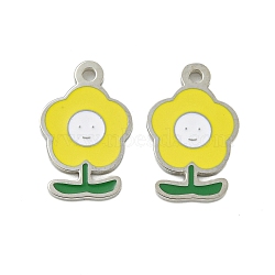 304 Stainless Steel Charms, with Enamel, Flower with Smiling Face Charm, Stainless Steel Color, Yellow, 13x8x1mm, Hole: 1mm(STAS-L022-435P-02)