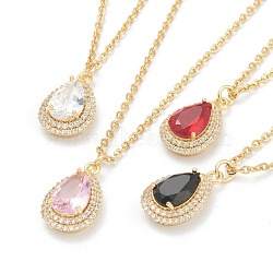 Brass Micro Pave Cubic Zirconia Pendant Necklaces, with Rhinestone and 304 Stainless Steel Cable Chains, Teardrop, Golden, Mixed Color, 17.52 inch(44.5cm)(NJEW-F281-06)