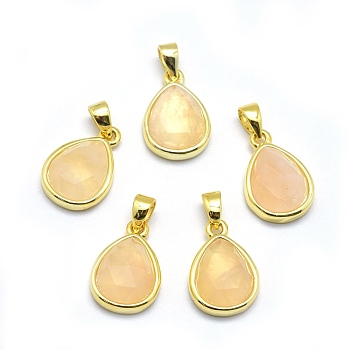Natural Rose Quartz Pendants, with Golden Tone Brass Findings, teardrop, Faceted, 14.5x9.5x5mm, Hole: 2.5x3.5mm