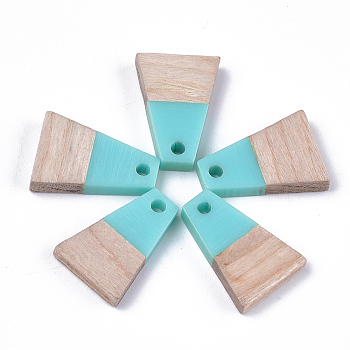 Resin & Wood Pendants, Trapezoid, Dark Turquoise, 18x12.5x3~4mm, Hole: 2mm