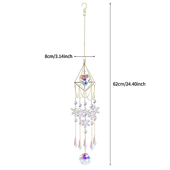 Diamond Metal Hanging Ornaments, Snowflake Glass Charm Tassel Suncatchers, Heart, 620x80mm