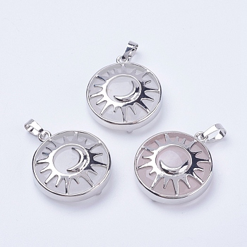 Natural Quartz Crystal Pendants, with Brass Findings, Flat Round with Sun & Moon, Platinum, 31x27.5x8mm, Hole: 5x7mm