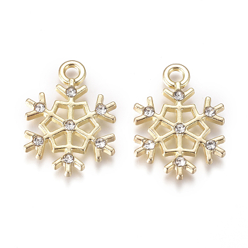 Golden Plated Alloy Pendants, with Crystal Rhinestone, Snowflake, for Christmas, Crystal, 21.3x15.5x2mm, Hole: 2.2mm
