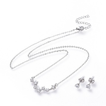304 Stainless Steel Jewelry Sets, Brass Micro Pave Cubic Zirconia Pendant Necklaces and 304 Stainless Steel Stud Earrings, with Ear Nuts/Earring Back, Twelve Constellations, Clear, Pisces, 465x1.5mm