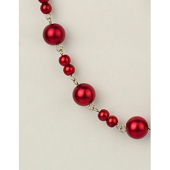 Handmade Round Glass Pearl Beads Chains for Necklaces Bracelets Making, with Iron Eye Pin, Unwelded, Platinum, Red, 39.3 inch