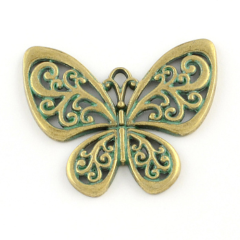 Butterfly Zinc Alloy Pendants, Cadmium Free & Nickel Free & Lead Free, Antique Bronze & Green Patina, 47x55.5x3mm, Hole: 3.5mm