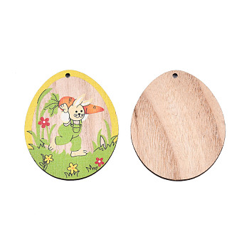 Single-Sided Printed Wood Big Pendants, Oval Charm with Rabbit Pattern, Yellow Green, 73x59x3mm, Hole: 3mm