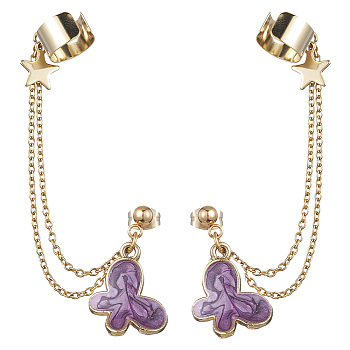Light Gold 304 Stainless Steel Cuff Earring Chains, Star & Butterfly Alloy Enamel Dangle Stud Earrings Crawler Earrings, Purple, 77mm