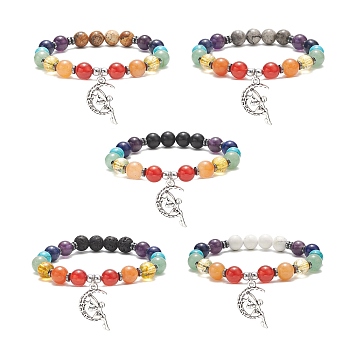 Chakra Theme Gemstone & Synthetic Hematite Beaded Stretch Bracelets for Women, Alloy Fairy Charms Bracelets, Inner Diameter: 2-1/4 inch(5.6cm)